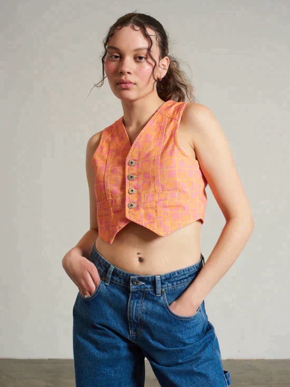 Orange & pink jean vest waistcoat indie sleaze revival tumblr alt soft grunge S